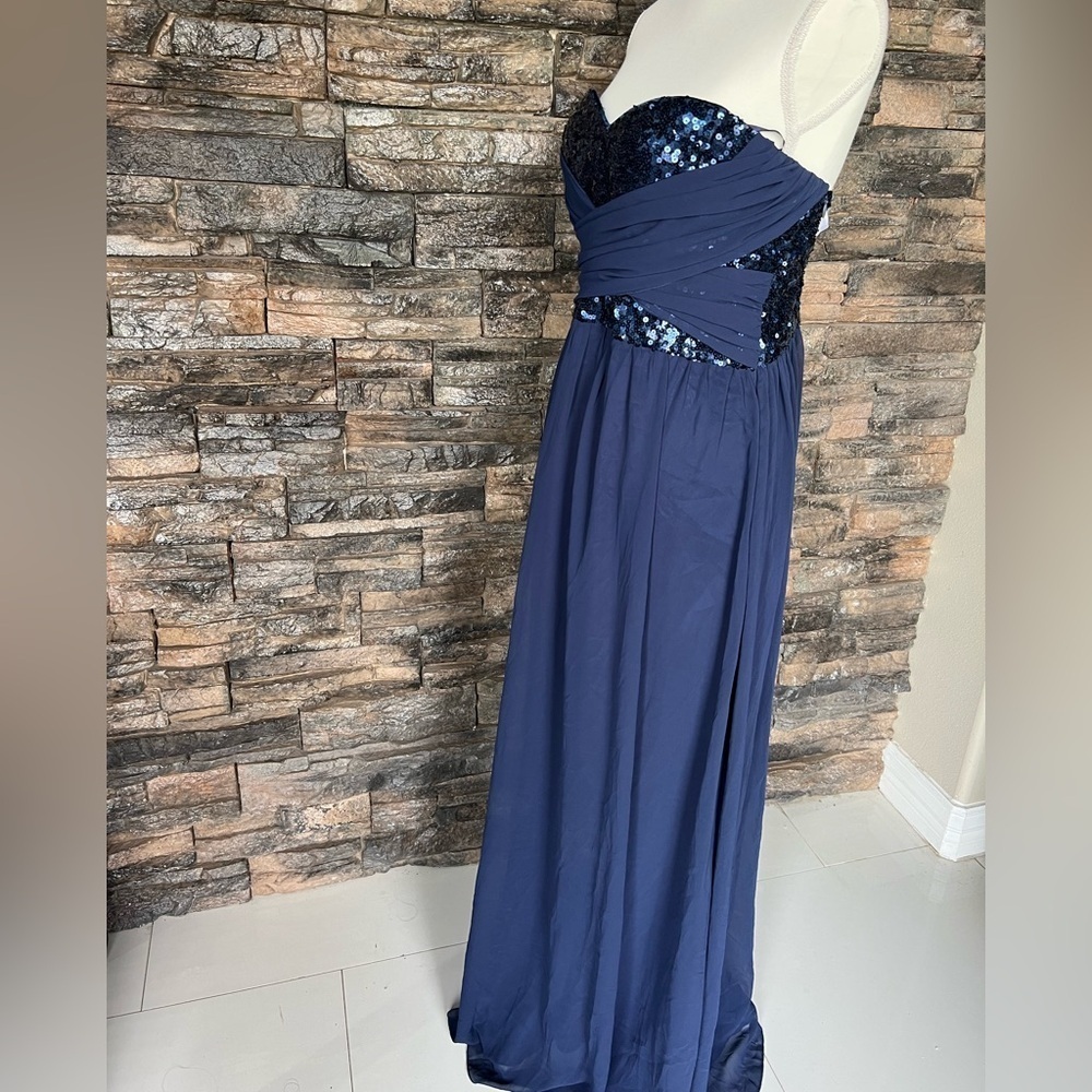 Navy Blue Sequin Strapless Prom Gown - Picture 2 of 4